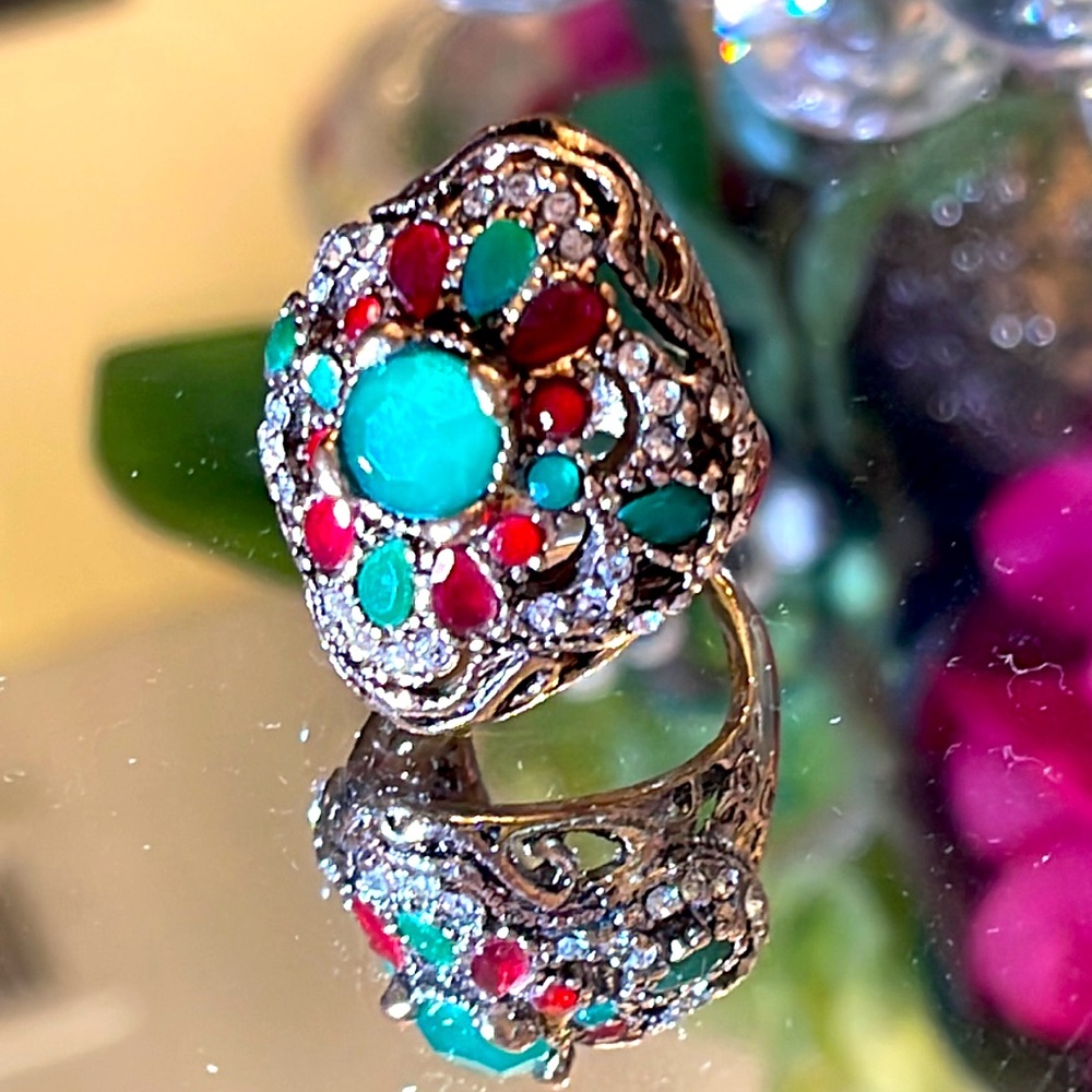 Emerald, Ruby & White Topaz Ring - image 1